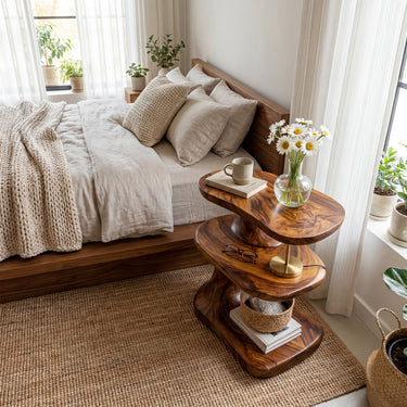 Natural Wood Side Table With Rounded Tiered Design