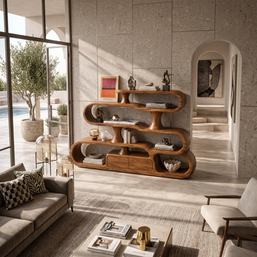 Modern Wood Bookshelf With Sculptural Open Shelves And Storage Cabinet