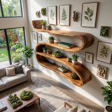 Sculptural Wood Wall-Mounted Shelf With Open Display