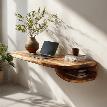 Curved Live Edge Solid Wood Floating Desk with Built-In Shelf