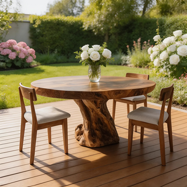 Solid Wood Round Dining Table with Sculptural Base for Patio