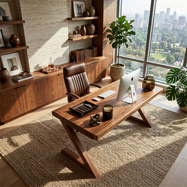 Natural Wood Writing Desk With Angled Trestle Legs