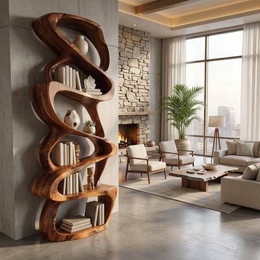 Sculptural Wood Bookshelf With Open Display Shelves