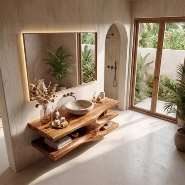 Sculptural Solid Wood Floating Vanity with Open Shelves for Modern Bathroom