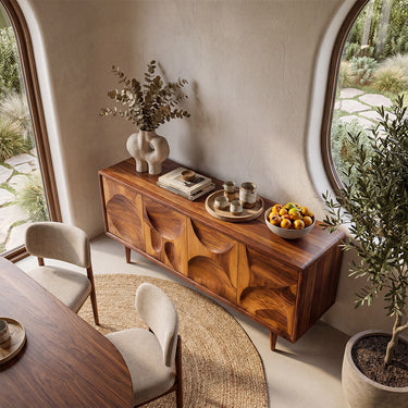 Sculptural Relief Sideboard With Geometric Carved Doors