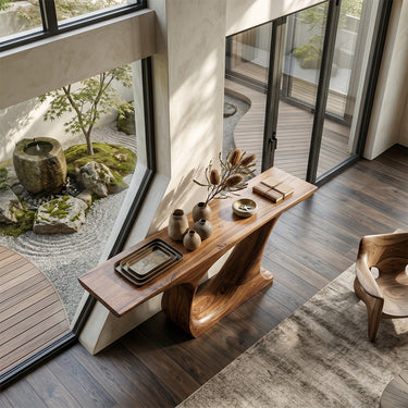 Organic Modern Console Table with Curved Wood Pedestal