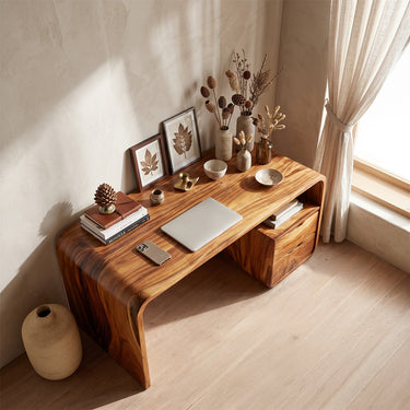 Natural Wood Writing Desk With Wall Shelf And Drawers