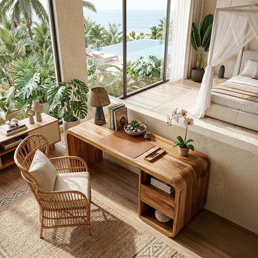 Natural Wood Console Desk With Open Shelf Cabinet
