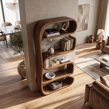 Natural Wood Ribbon Bookcase With Tall Open Storage