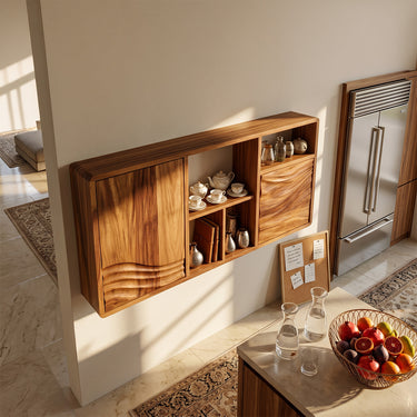 Natural Wood Bathroom Cabinet With Dual Wave Doors And Open Cubbies