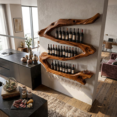 Natural Wood Wall Wine Rack With Glass Holder And Lighting