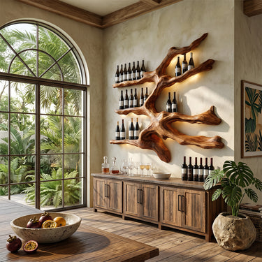 A Wine Rack Made Of Natural Wood, Shaped Like A Tree Branch, With Compartments For Bottles.