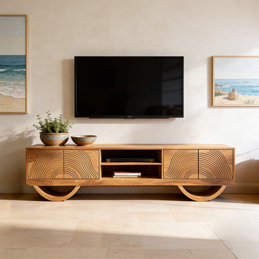Sculptural Arch Base TV Cabinet With Carved Panel Doors