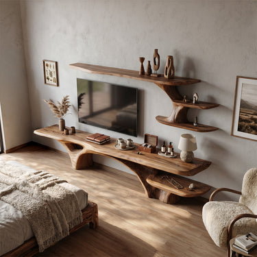 Natural Wood Media Wall Unit With Sculpted Display Shelves