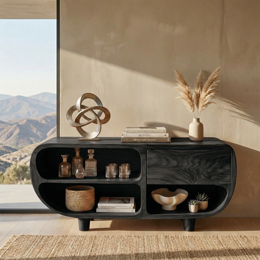 Curved Wood Sideboard with Open Shelves and Single Drawer Storage