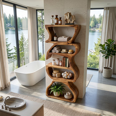 Natural Wood Bookshelf With Asymmetric Organic Niches