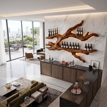 Natural Wood Wall Wine Shelf With Branch Form And Lighting