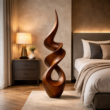 Abstract Twisted Solid Wood Sculpture Handcarved Modern Wooden Floor Art