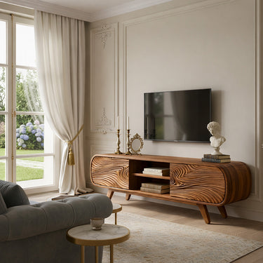 Natural Wood TV Console with Curved Frame and Carved Wave Doors