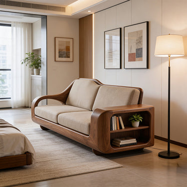 Integrated Shelf Arm Sofa With Sculptural Curved Frame