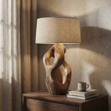 Natural Carved Wood Table Lamp with Organic Open Form