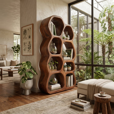 Natural Wood Wavy Bookshelf With Organic Open Shelves