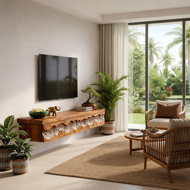 Floating Natural Wood TV Console with Textured Carved Front