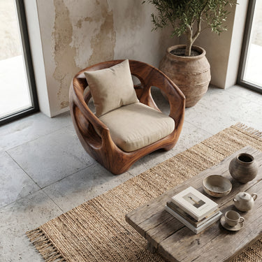 Sculptural Wood Balcony Chair With Upholstered Cushion