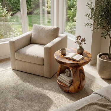 Natural Wood Side Table With Rounded Pedestal Shelf