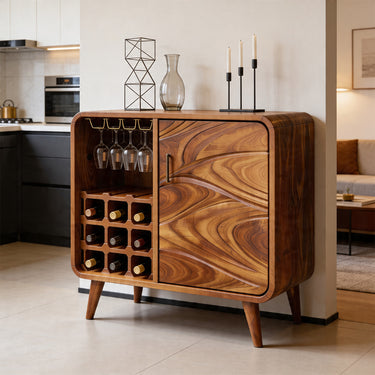 Carved Wood Wine Cabinet With Glassware Rack