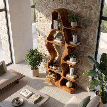 Sculptural Wood Bookshelf With Open Display Shelves