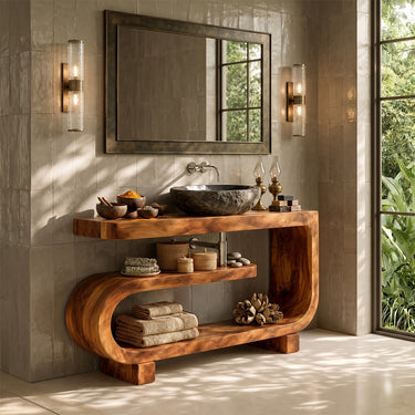 Natural Wood Bathroom Vanity With Loop Storage Base