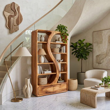 Natural Wood Bookshelf With Flowing Wave Divider