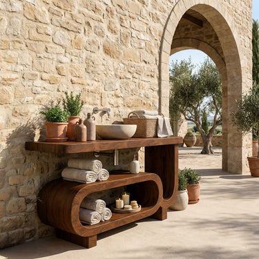 Solid Wood Bathroom Vanity with Rounded Open Storage Shelves