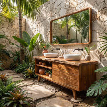 Double Sink Solid Wood Bathroom Vanity with Drawers and Open Shelves