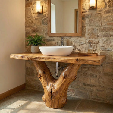 Rustic Solid Wood Vanity with Natural Tree Base for Bathroom