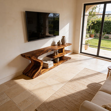 Natural Wood TV Console with Sculptural Curved Base and Open Shelves