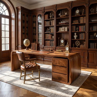 Natural Wood Executive Desk With Waterfall Drawer Pedestal
