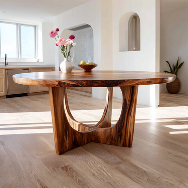 Round Solid Wood Dining Table with Sculptural Base Design