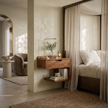 Modern Wall Mounted Nightstand with Drawer and L Shaped Shelf