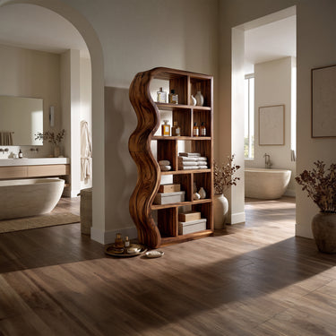 Sculptural Wood Bookshelf With Wavy Frame And Geometric Open Cubbies