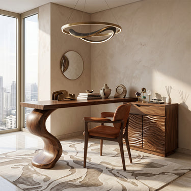 Natural Wood Vanity Desk With Sculptural Wave Cabinet