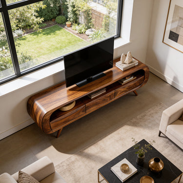 Natural Wood TV Console with Open Shelf and Curved Frame