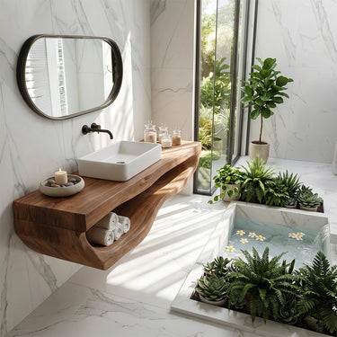Handcarved Solid Wood Floating Vanity with Organic Curve Shelf Design