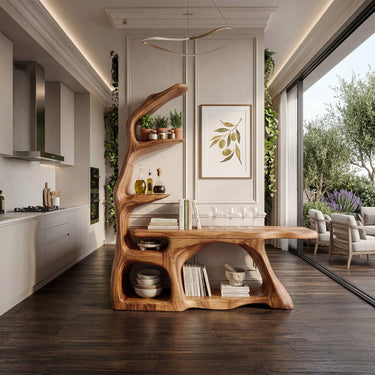 Sculptural Wood Console Table With Vertical Display Shelves