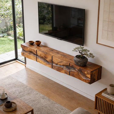 Floating Natural Wood TV Console with Carved Wave Front