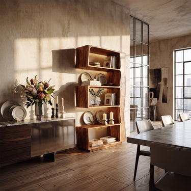 Narrow Solid Wood Bookshelf With Staggered Open Display Shelves