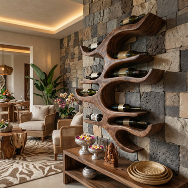Natural Wood Column Wine Rack With Flowing Bottle Cradles