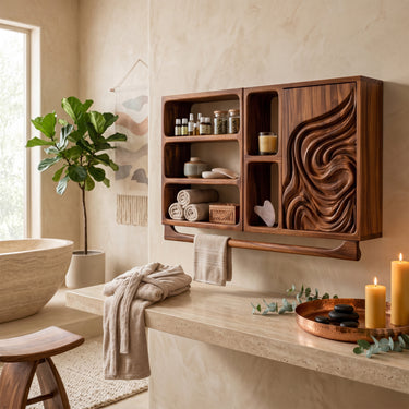Natural Wood Bathroom Wall Cabinet With Sculpted Door And Towel Bar