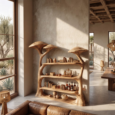 Natural Wood Canopy Bookcase With Sculptural Open Shelves